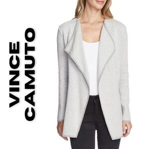 Vince Camuto Cardigan Sweater XL Gray Herringbone Open Front Cotton Draped NEW